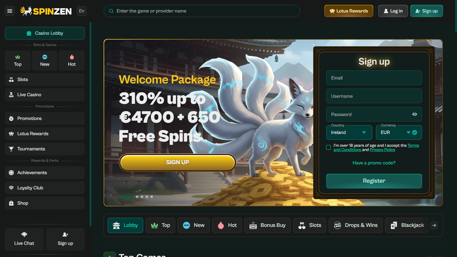 Spinzen_Casino_homepage_desktop