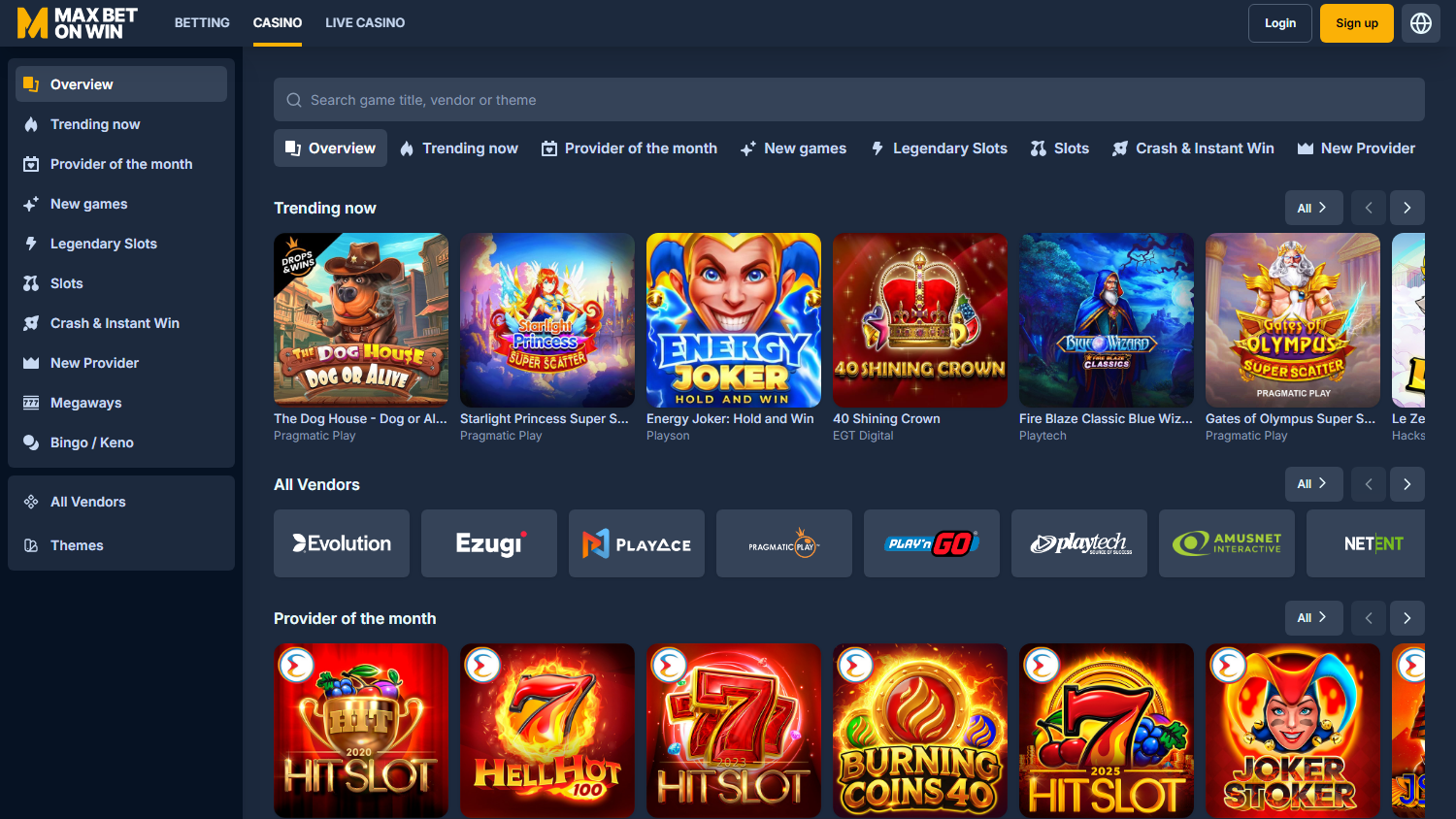 MAX_BET_ON_WIN_Casino_homepage_desktop