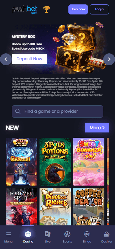 PushBet_Casino_homepage_mobile