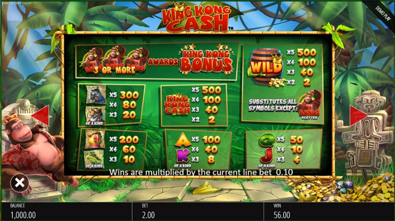 King Kong Cash full paytable