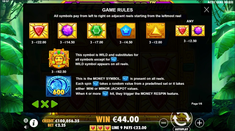Aztec Gems Deluxe slot paytable