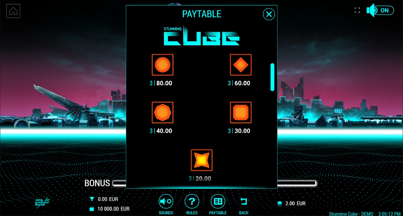 Stunning Cube top paying symbols paytable