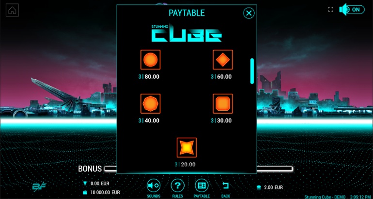 Stunning Cube top paying symbols paytable