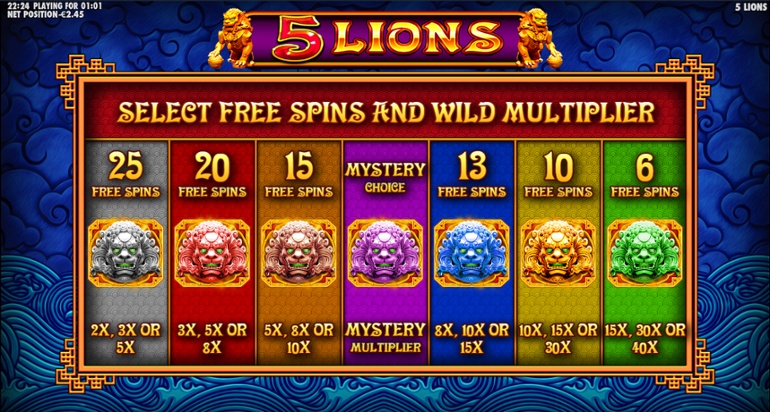 5 Lions slot - Free Spins choices