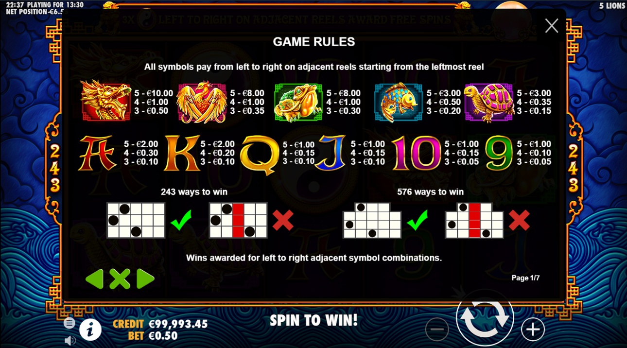 5 Lions slot full paytable