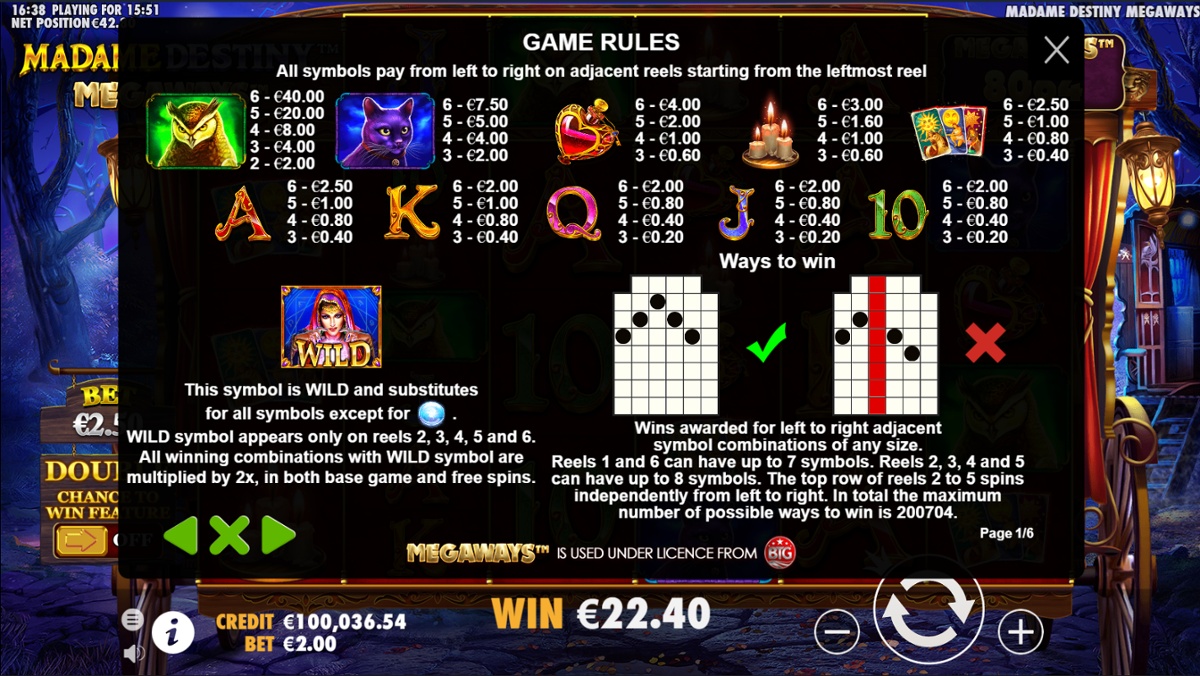 Madame Destiny Megaways full paytable