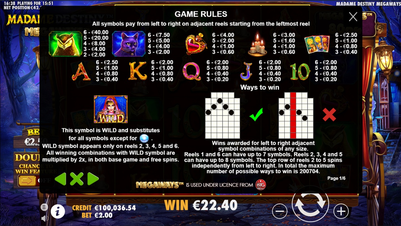 Madame Destiny Megaways full paytable