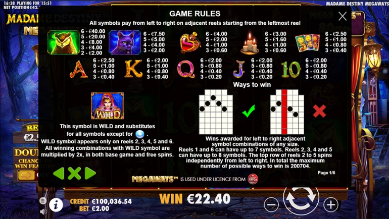 Madame Destiny Megaways full paytable
