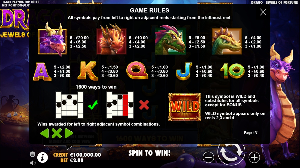 Drago - Jewels of Fortune full paytable