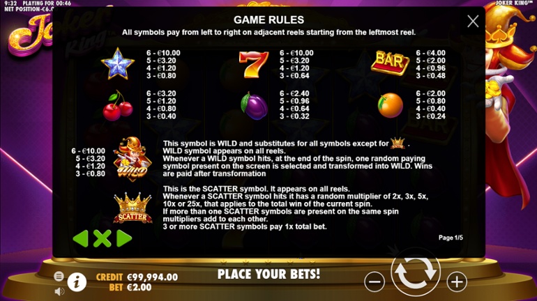 Joker King full paytable