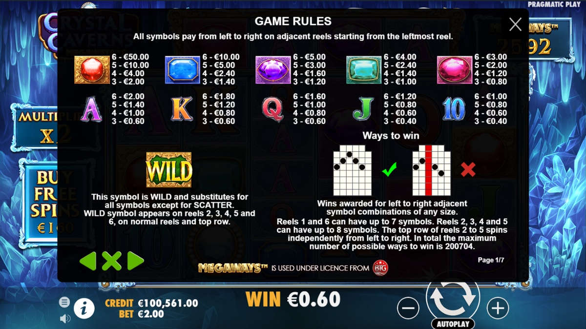 Crystal Caverns Megaways full paytable