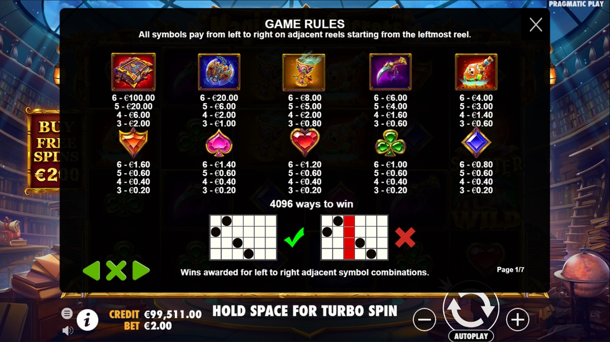 Magician's Secrets slot full paytable