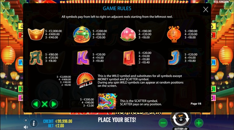 Dragon Hot Hold & Win full paytable