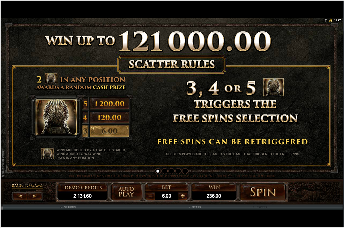 Game of Thrones Scatter Paytable