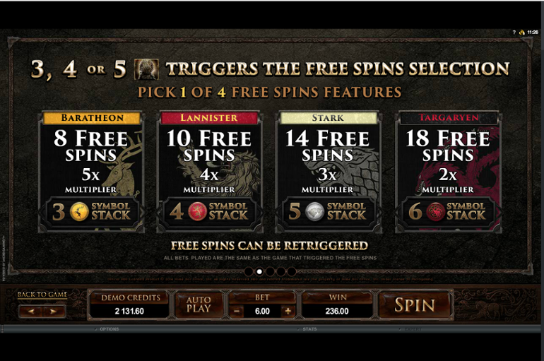 Game of Thrones Free Spins Choice