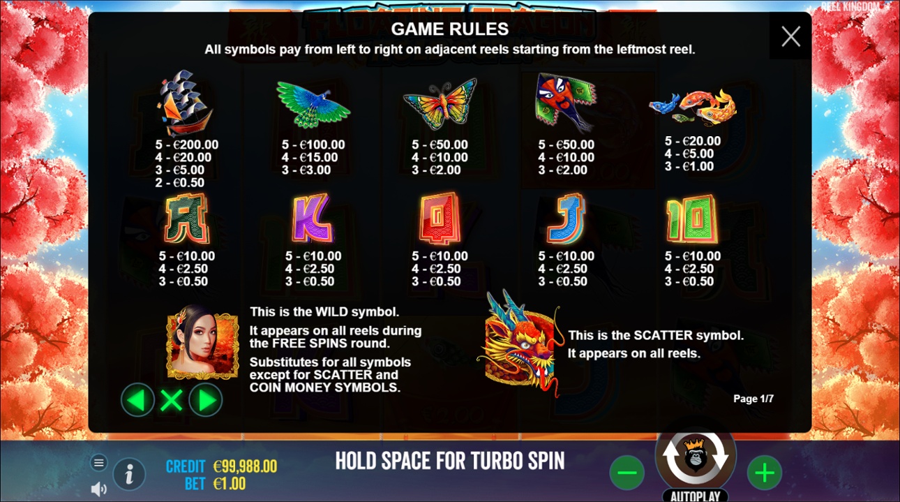 Floating Dragon Hold & Spin slot paytable
