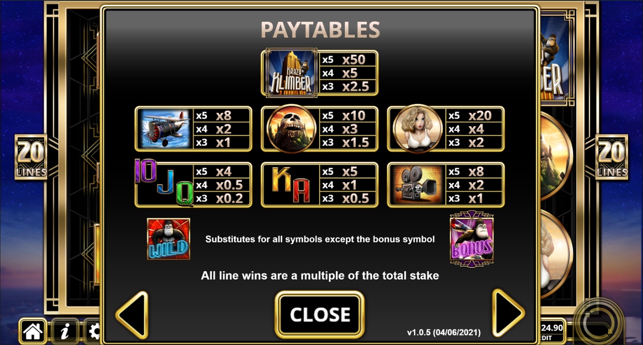 Krazy Klimber full paytable