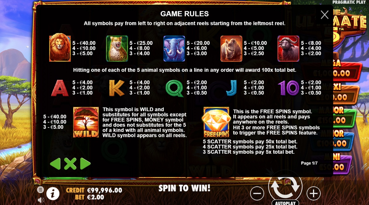 The Ultimate 5 slot full paytable