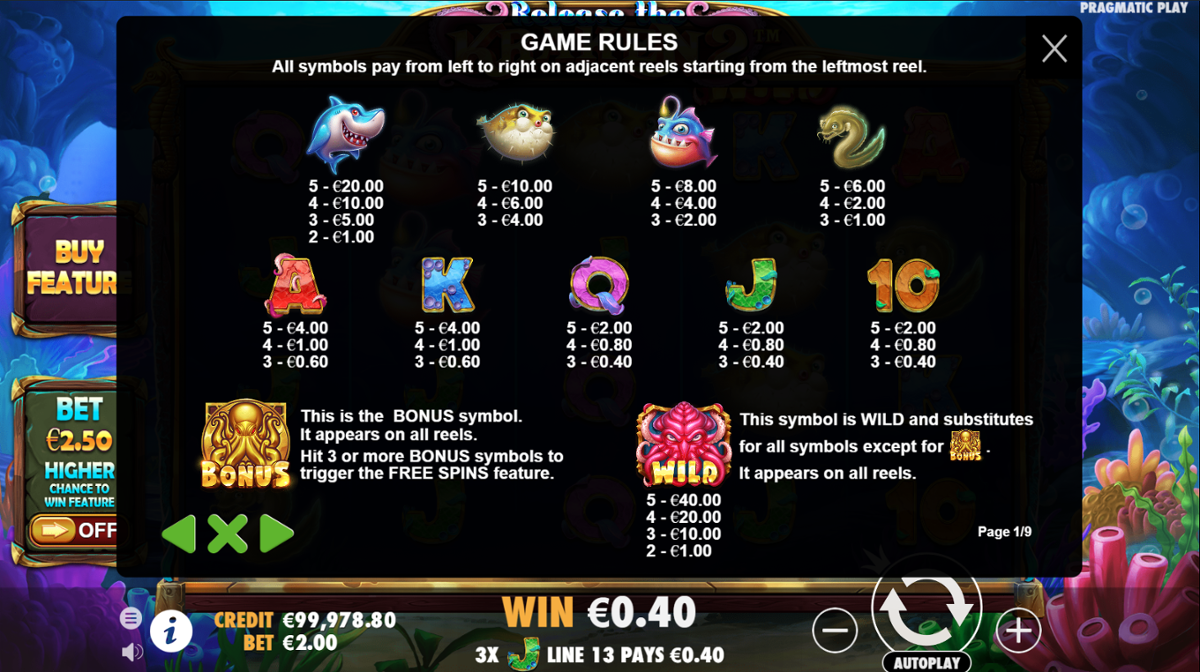 Release the Kraken 2 - full paytable