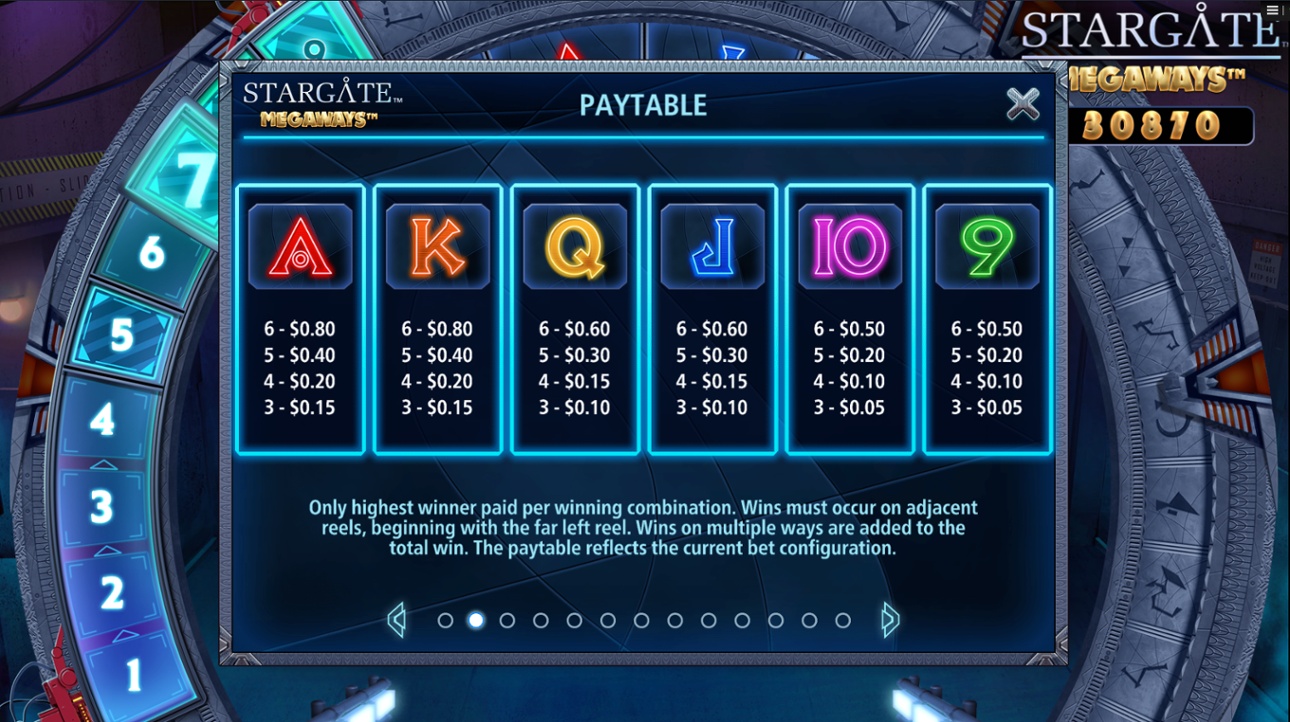 Stargate Megaways - Low symbols paytable