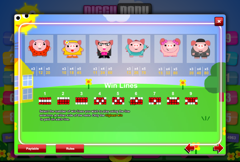 Piggy bank low symbols paytable