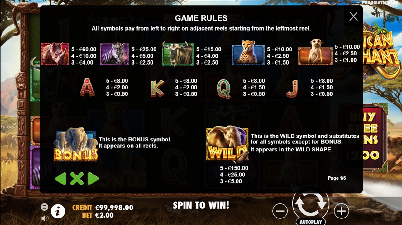African Elephant full paytable