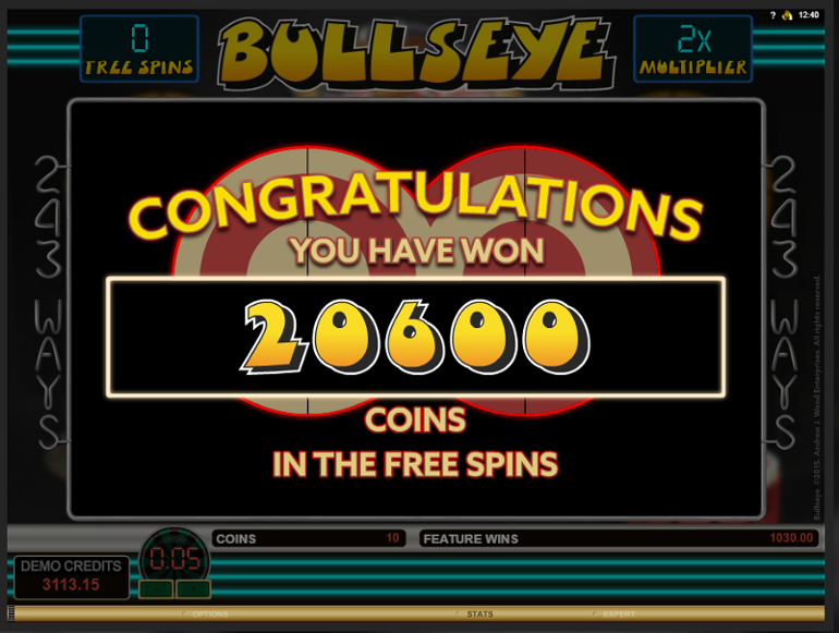 Bullseye free spins win