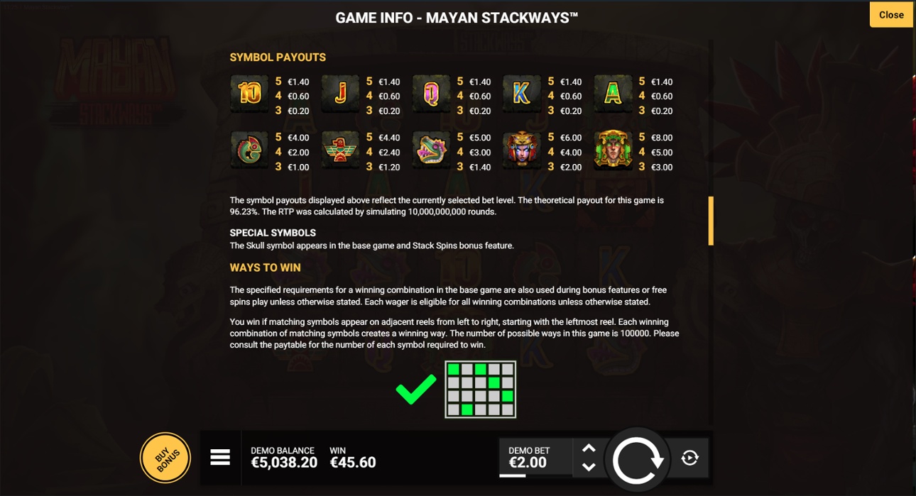 Mayan Stackways slot Paytable & Ways to win