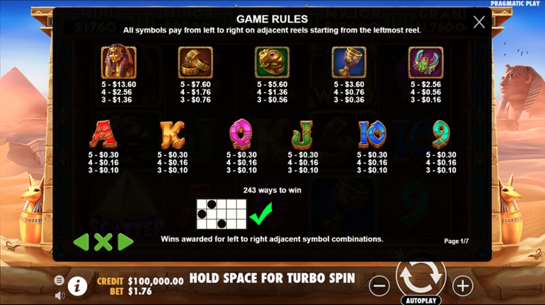 Diamonds of Egypt slot paytable