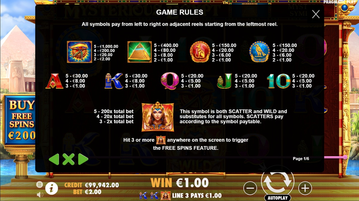 Mysterious Egypt full paytable