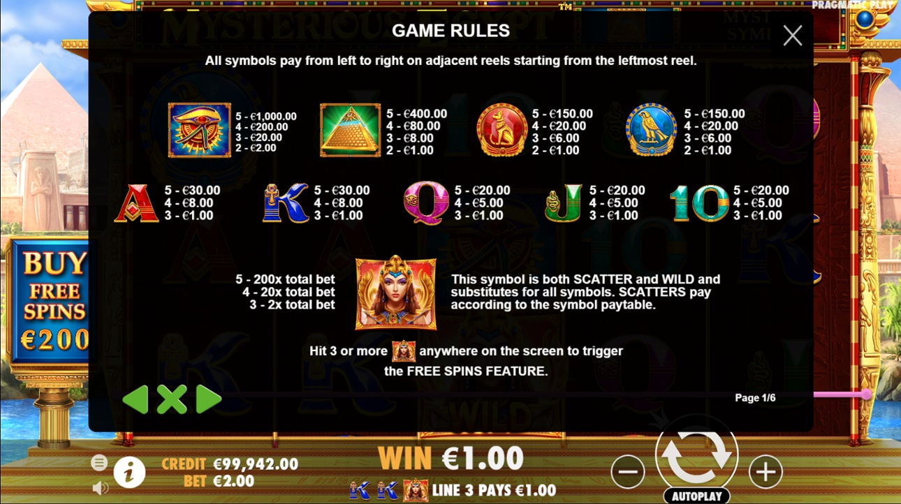 Mysterious Egypt full paytable