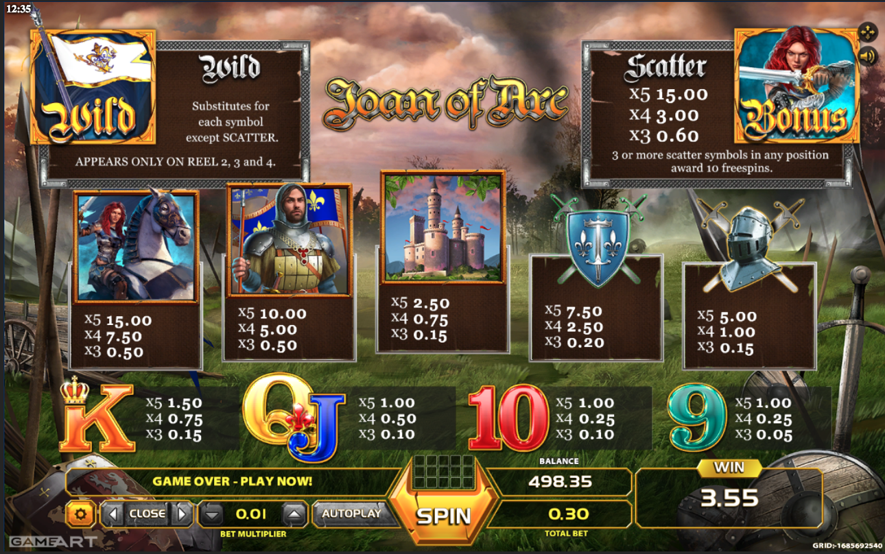 Joan of Arc paytable