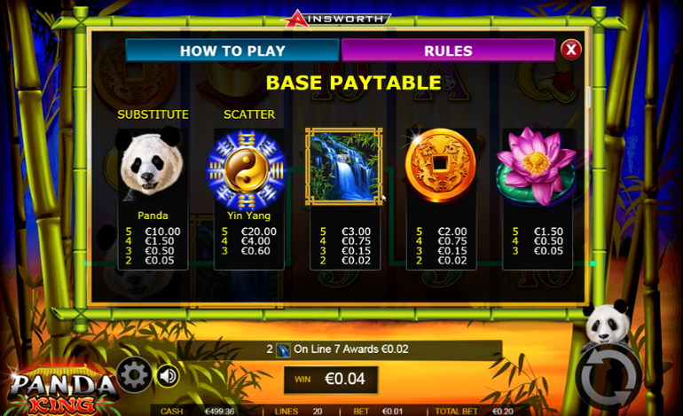 Panda King's base game paytable