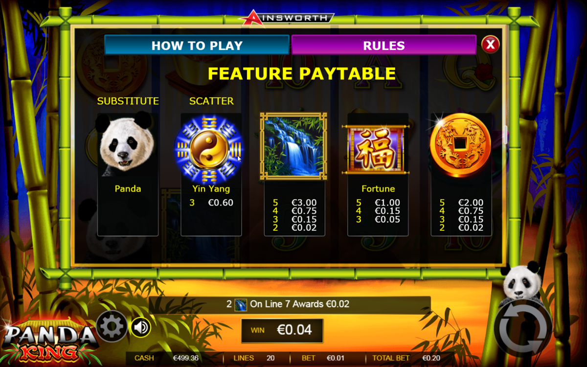Panda King's feature paytable