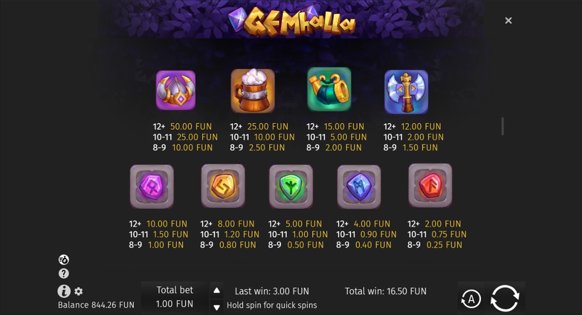 Gemhalla full paytable