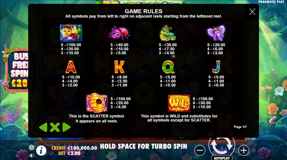 3 Buzzing Wilds full paytable