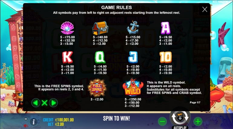 Lobster Bob's Crazy Crab Shack paytable