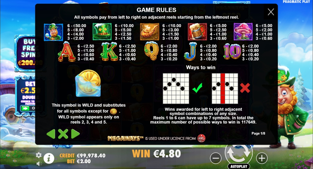 5 Frozen Charms Megaways full paytable