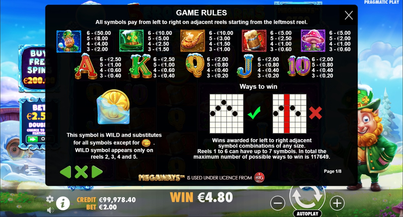5 Frozen Charms Megaways full paytable