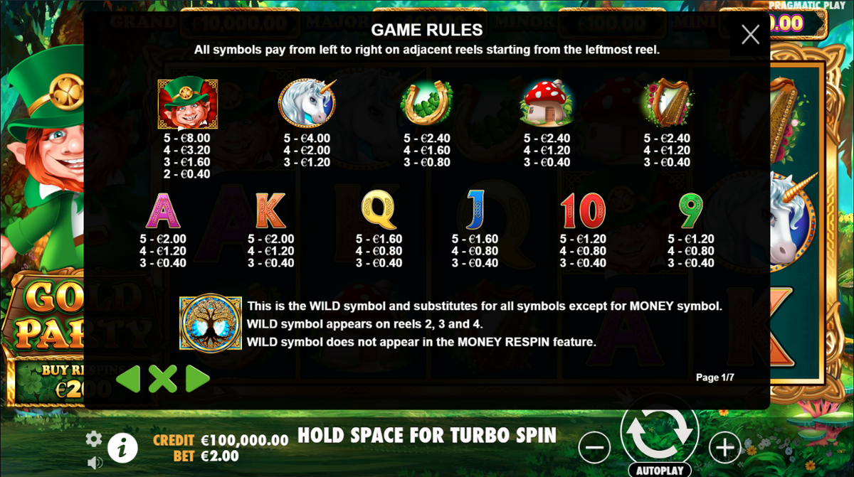 Gold Party slot paytable