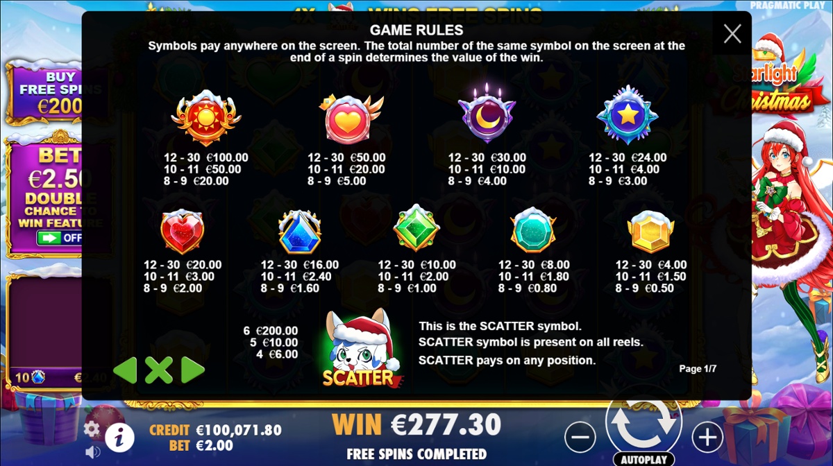 Starlight Christmas slot full paytable