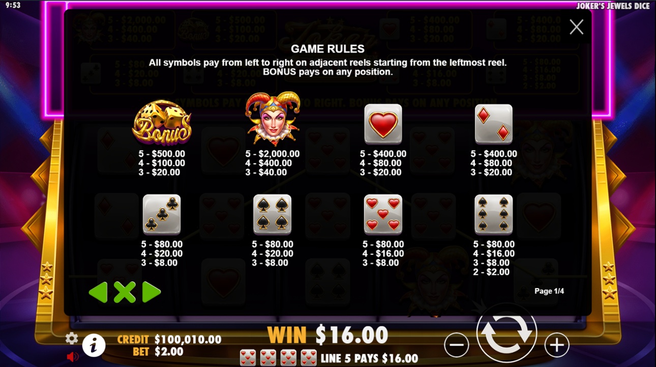 Joker's Jewels Dice full paytable