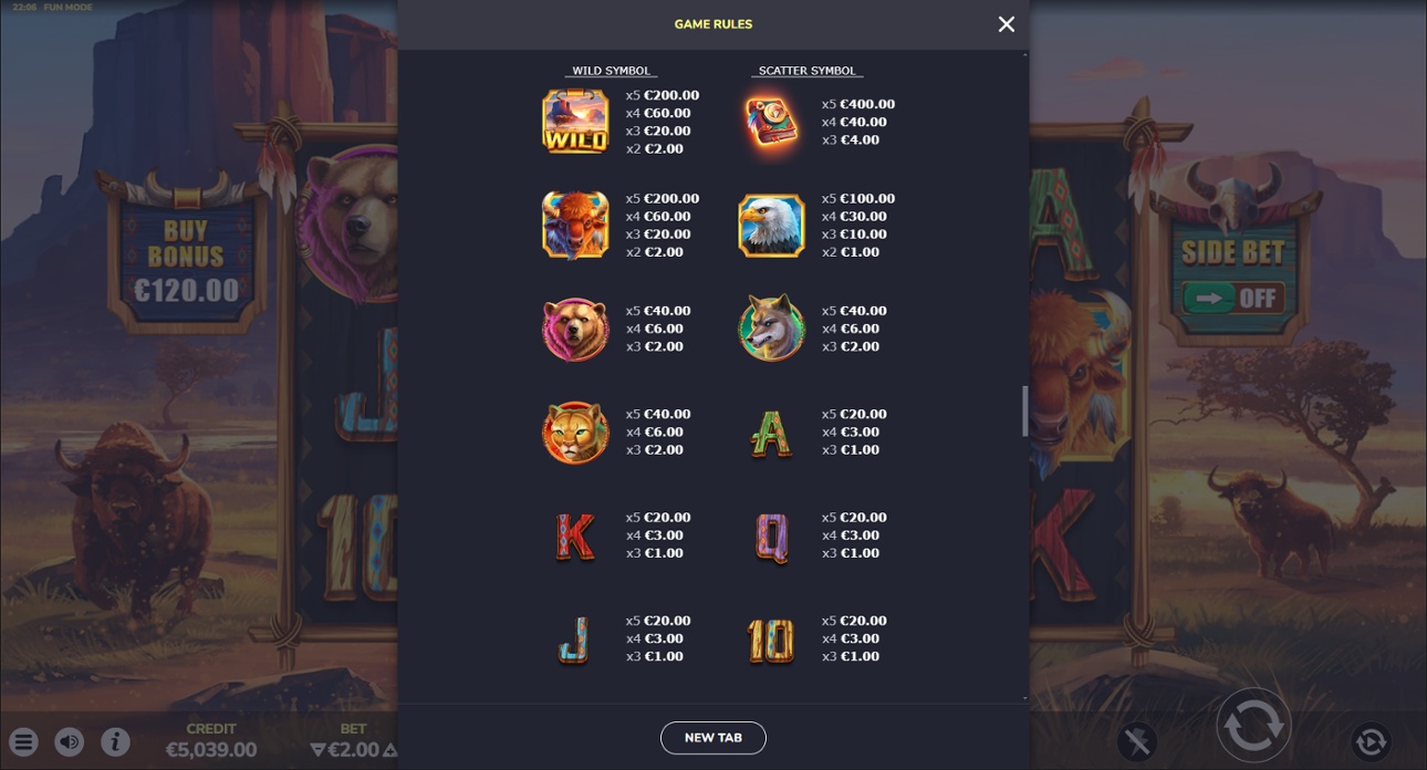 Book of Buffalo - Full Paytable