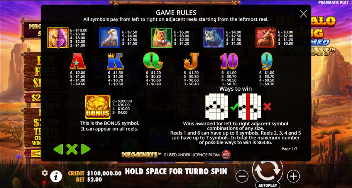 Buffalo King Untamed Megaways - Full paytable