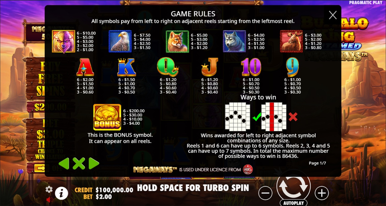 Buffalo King Untamed Megaways - Full paytable