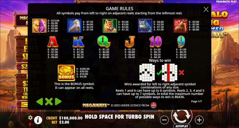 Buffalo King Untamed Megaways - Full paytable