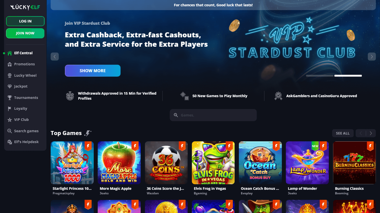 luckyelf_casino_homepage_desktop