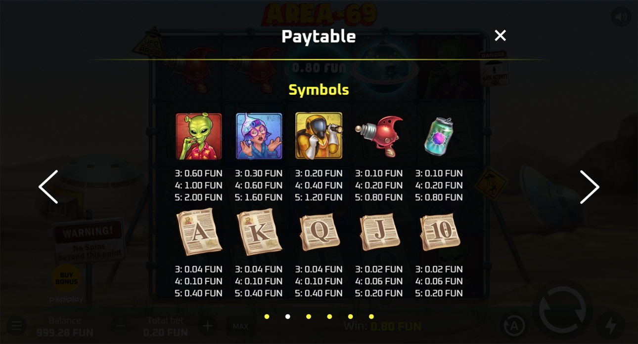 Area 69 - full paytable