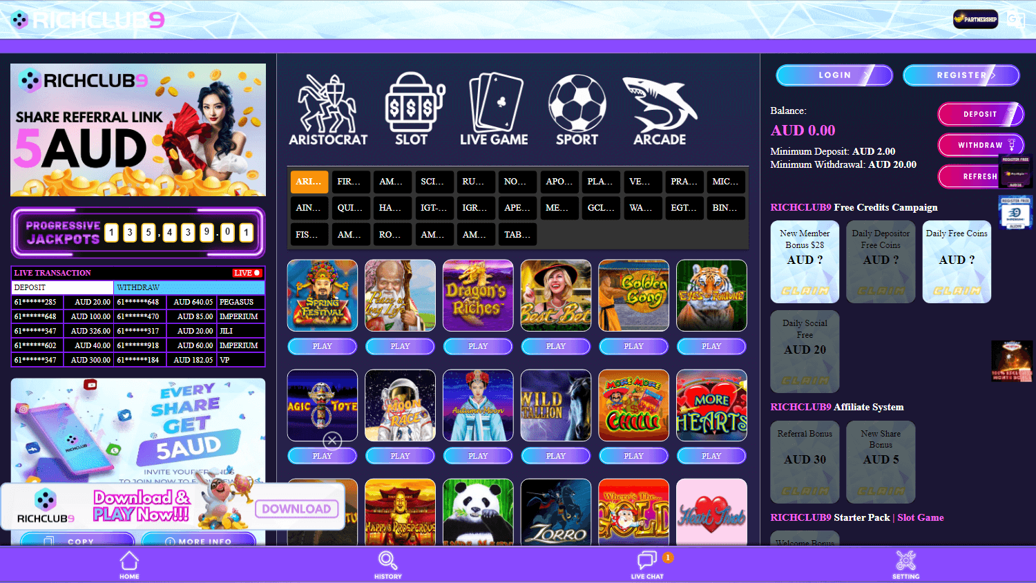 richclub9_casino_homepage_desktop